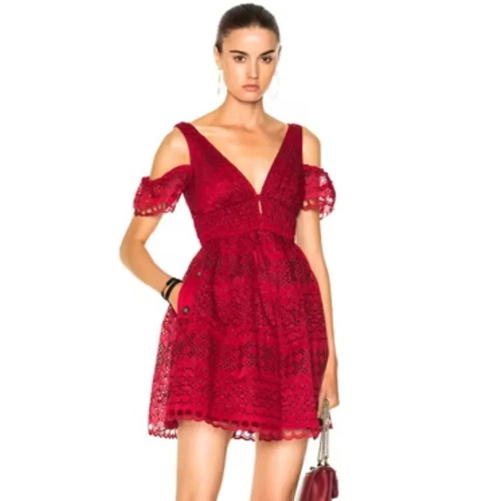 Self Portrait Openwork Lace Eyelet V Neck Dress Red Sz S
